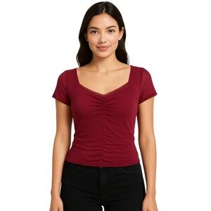 VIBE SPORTSWEAR Womens Top Size M Burgundy Ruched Mesh Short‎ Sleeve Lace Trim